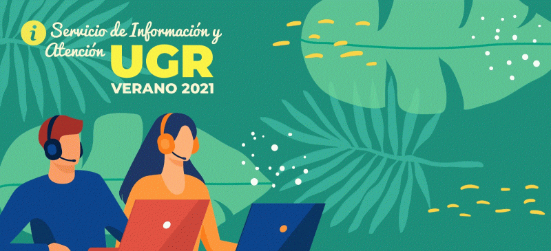 Servicio de información y atención de la Universidad de Granada en el mes de Agosto 2021 En la imagen aparecen 2 jóvenes con auriculares y un texto con el Servicio de Información y Atención de la UGR durante el verano de 2021